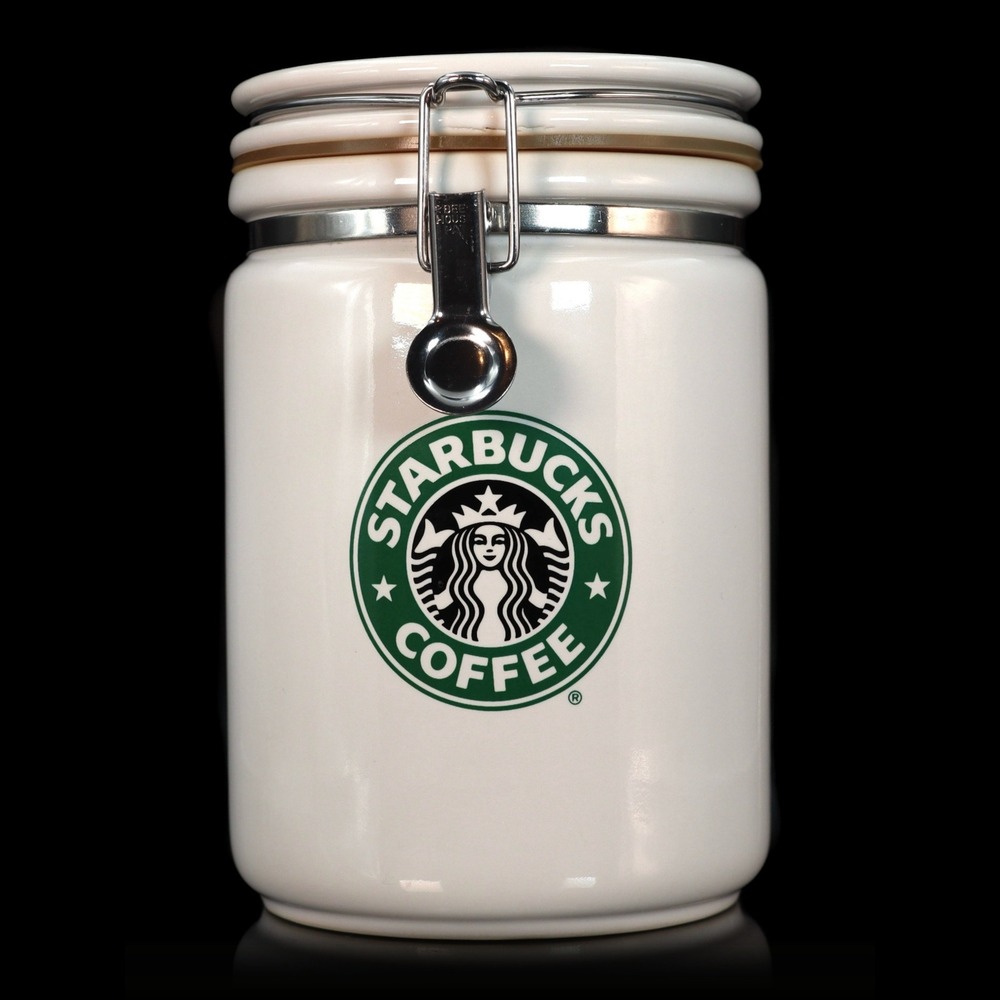 Starbucks Coffee Canister Ceramic White 7.5" Airtight Latch Jar Food Storage